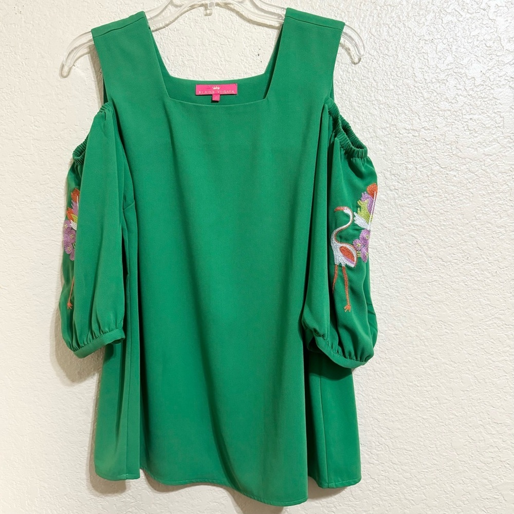 Elaine Turner Green Cold Shoulder Embroidered Boho Blouse Women S Flowy Top